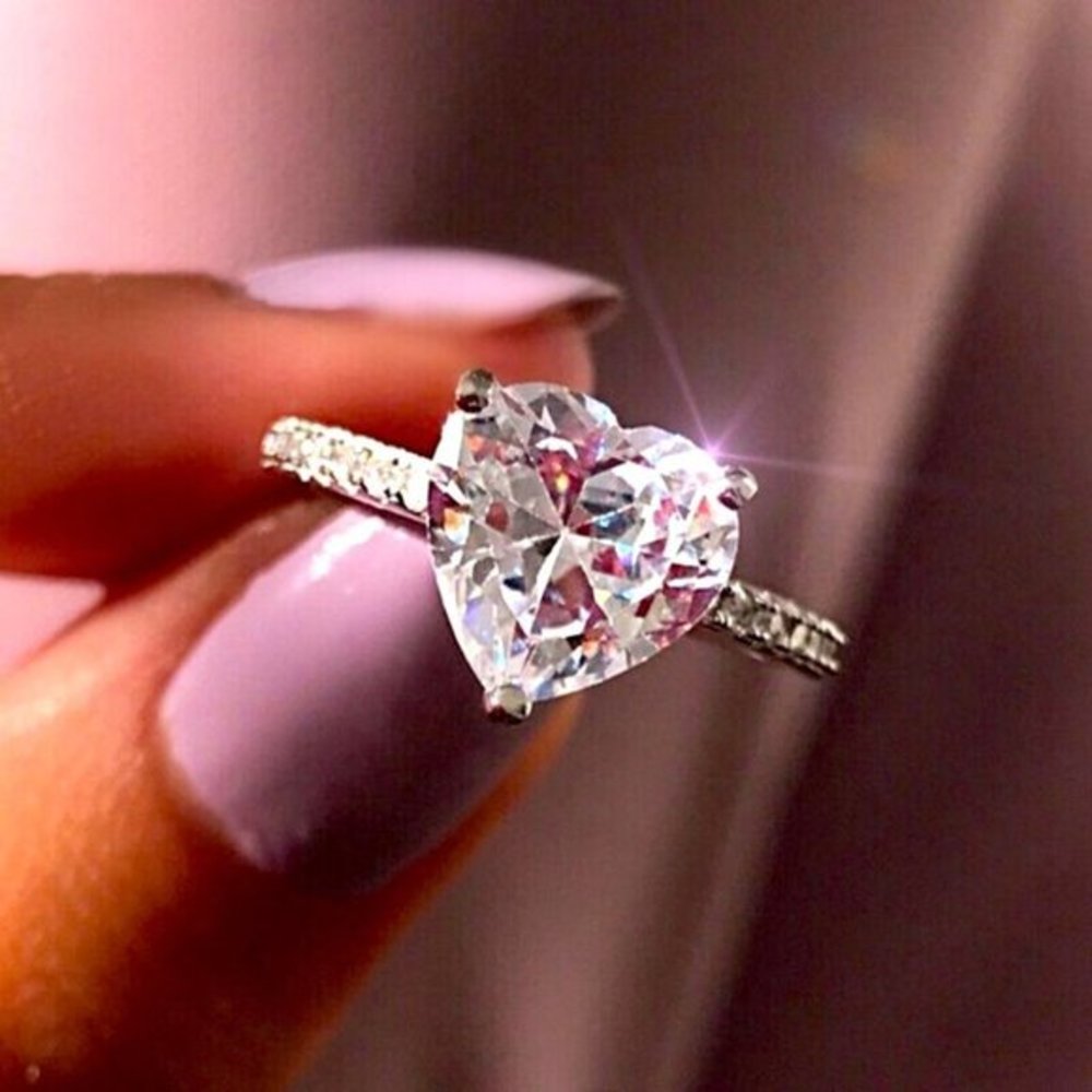 New Elegant 925 Silver 3+ct Princess Cut Diamond Heart Ring
